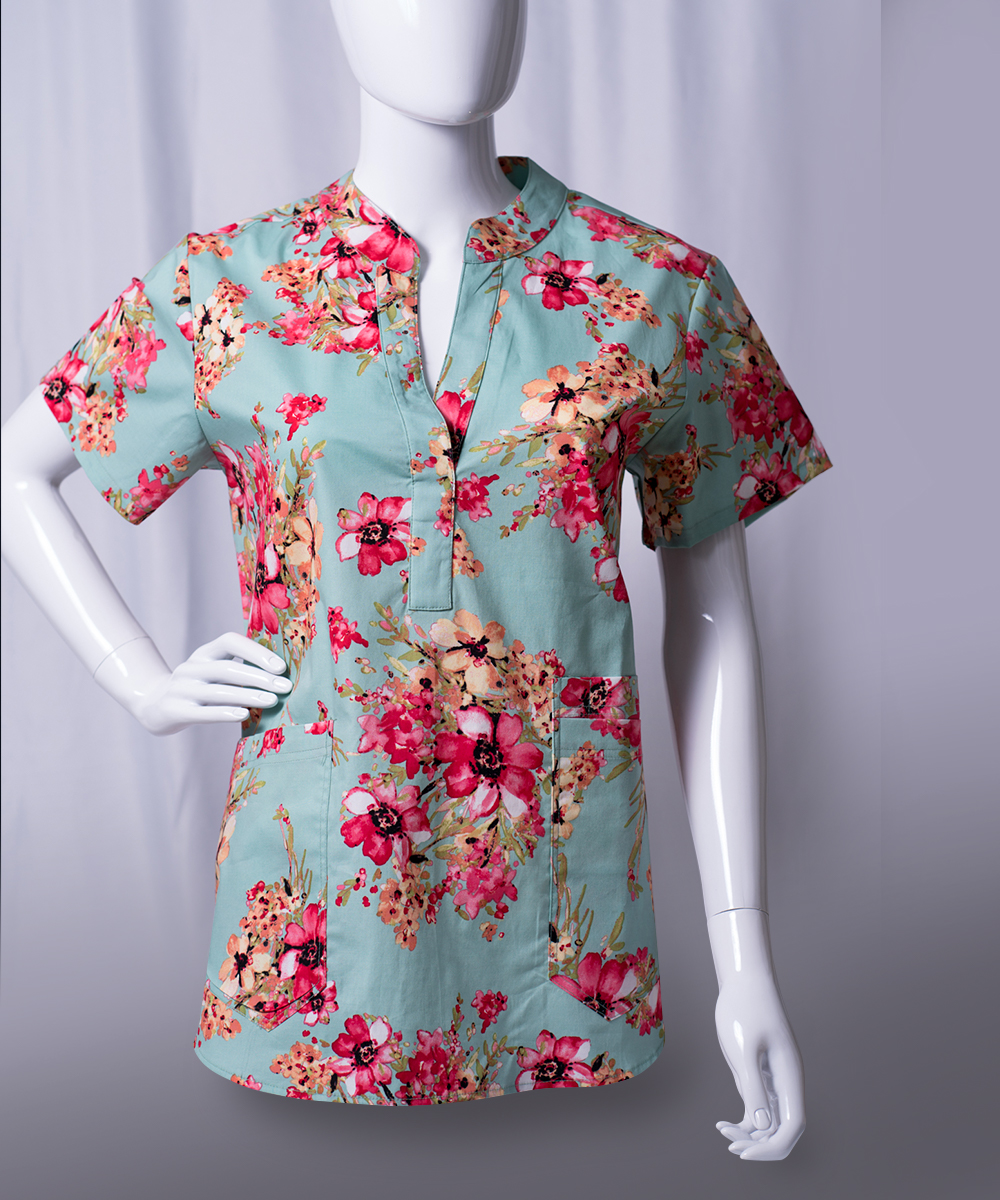 Women’s, Scrub Top VNeck, Floral Print United Domestic Workers of America, AFSCME Local 3930